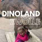 Pin: Dinoland Zwolle, #littledinosauraficionado, image of Miss M hugging a life-sized carnivorous dinosaur