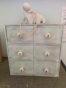 IKEA Moppe numbered drawer hack, complete with dino light