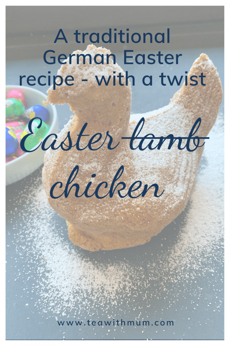 A traditional German Easter recipe - with a twist; Easter lamb or rather Easter chicken; with image of Easter chicken cake with icing sugar and a bowl of Easter eggs