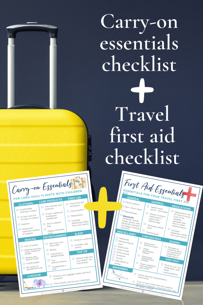Carry-on essentials checklist and travel first-aid essentials checklist: free printables