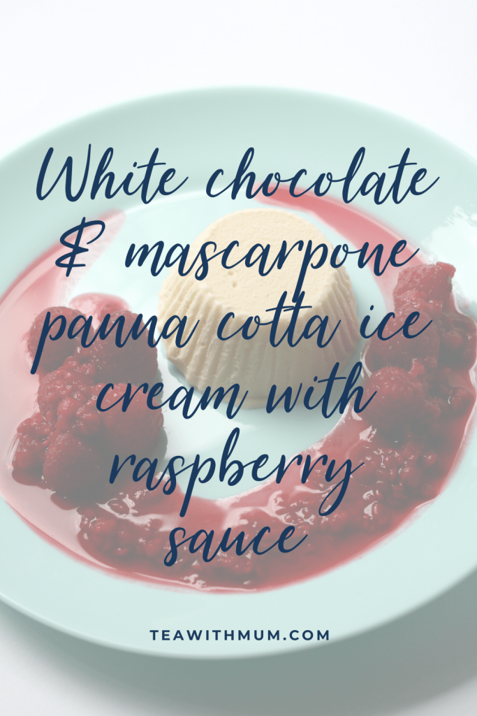 White chocolate and mascarpone panna cotta ice cream with raspberry sauce