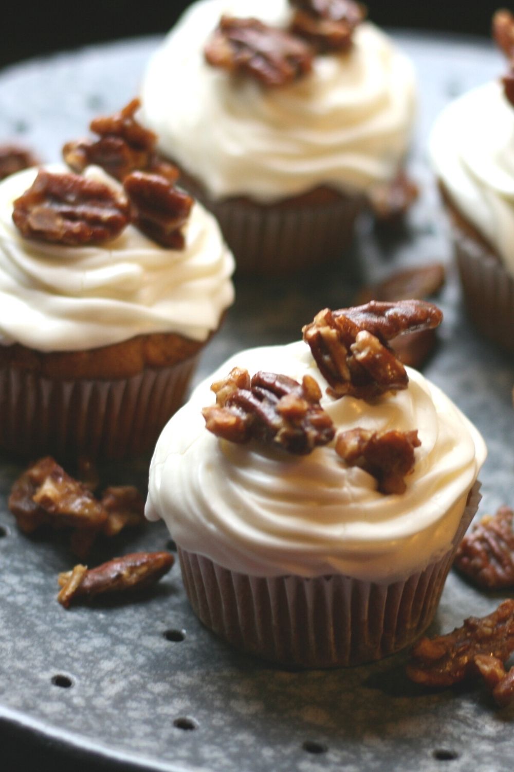 Sweet potato cupcakes with marshmallow cream cheese frosting and caramelised pecans