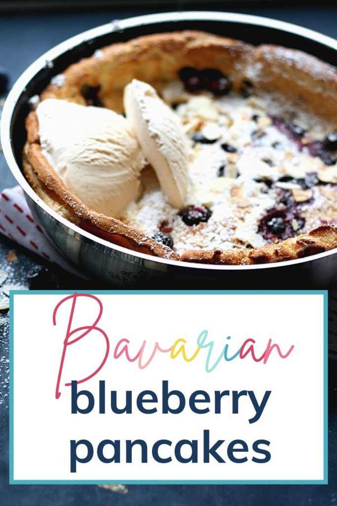 Pin: Bavarian blueberry pancakes with image of a fresh pancake