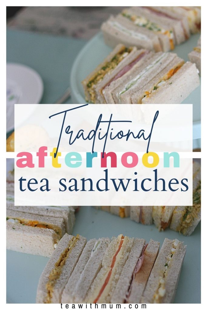 Pin: Traditional afternoon tea sandwiches, with an image of the finger sandwiches on a stand and a close up of sandwiches