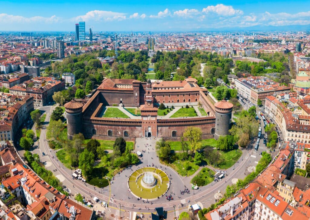 Sforzesco Castello, one of the city landmarks and one of the 15 Free things to do in Milan with kids. This photo is taken from Torre Branca, which is not free to visit, but the views are great.