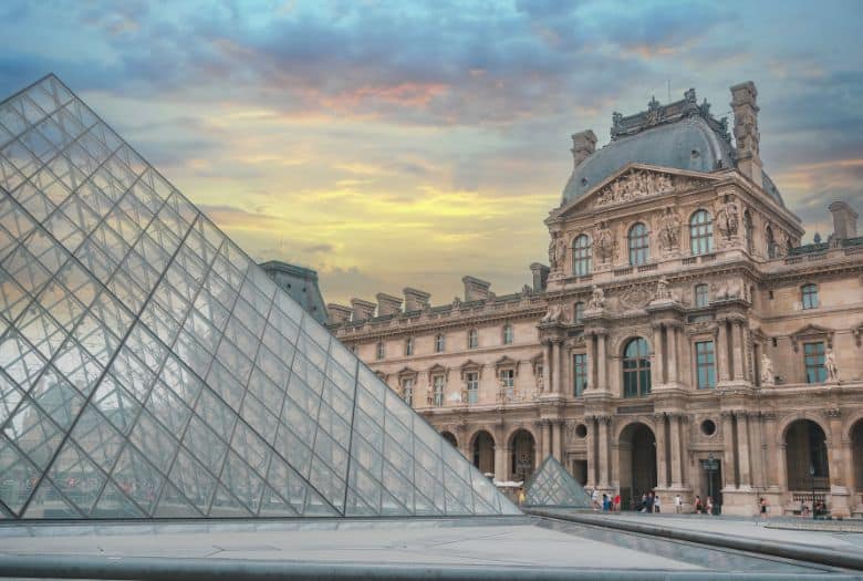 The main pyramid of the Louvre at dusk.
