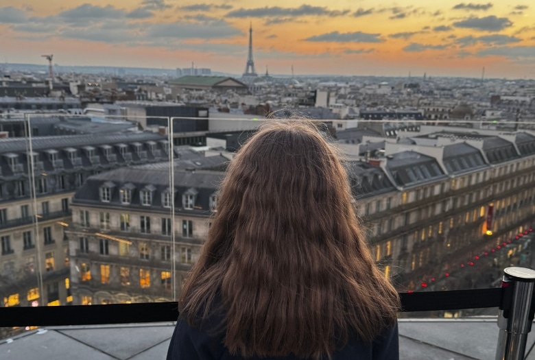 Sunset views from the rooftop of Galleries Lafayette, day 3 of our trip to Paris with a chemo patient