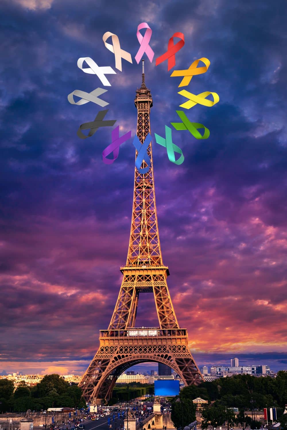 Paris with a chemo patient: The Eiffel Tower with ribbons for breast cancer and other forms of cancer and diseases